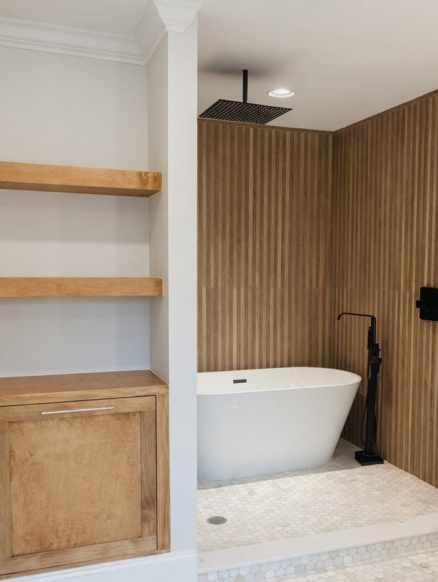 Custom primary bathroom with freestanding tub, hex tile, and wood slat accent wall